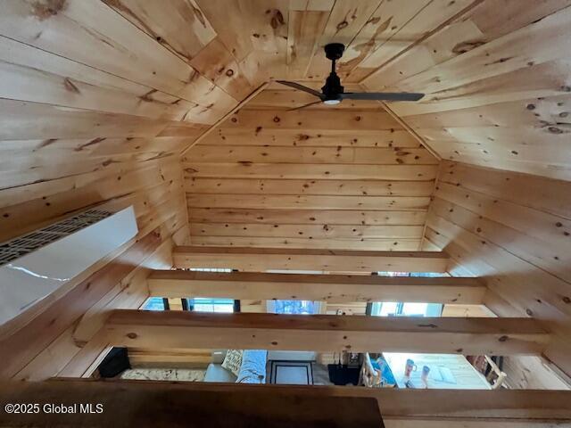 15-17 Pine Rd, Lake Luzerne, NY 12846 - additional living space with wooden ceiling, a ceiling fan, vaulted ceiling, and wood walls