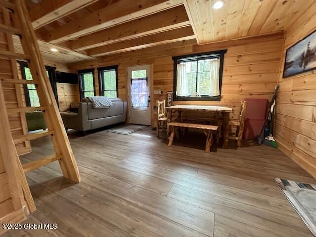 15-17 Pine Rd, Lake Luzerne, NY 12846 - living area with wooden walls, wooden ceiling, and wood finished floors