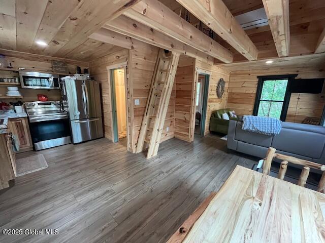 15-17 Pine Rd, Lake Luzerne, NY 12846 - living room featuring wood ceiling, wood finished floors, and wooden walls