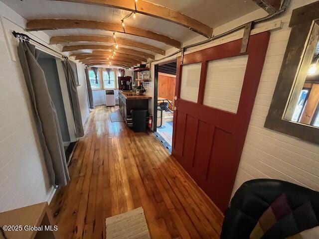 15-17 Pine Rd, Lake Luzerne, NY 12846 - hall featuring hardwood / wood-style flooring and beamed ceiling