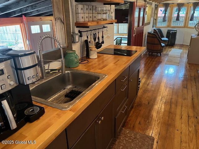 15-17 Pine Rd, Lake Luzerne, NY 12846 - kitchen featuring a sink, a wealth of natural light, butcher block countertops, and black electric cooktop