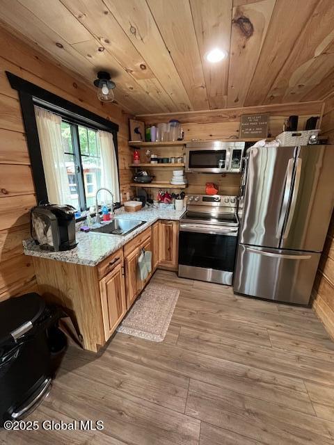 15-17 Pine Rd, Lake Luzerne, NY 12846 - kitchen featuring open shelves, appliances with stainless steel finishes, a sink, light wood finished floors, and wooden ceiling