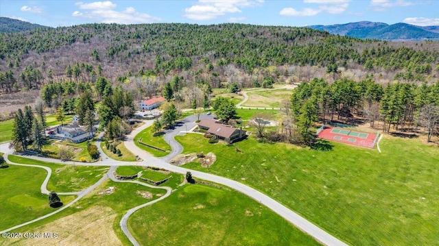 aerial view with a view of trees and a mountain view