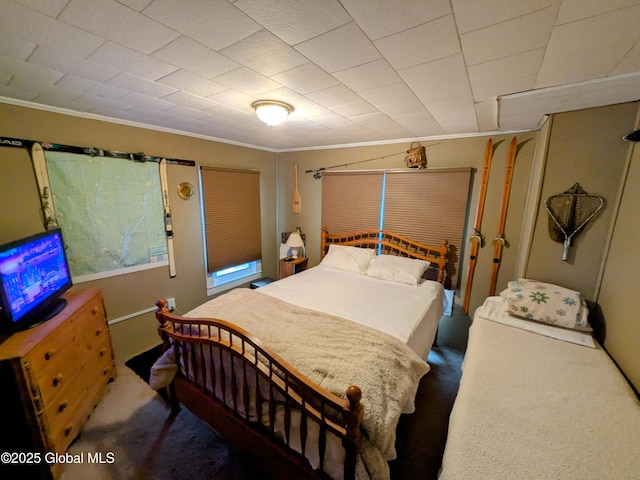 carpeted bedroom with crown molding
