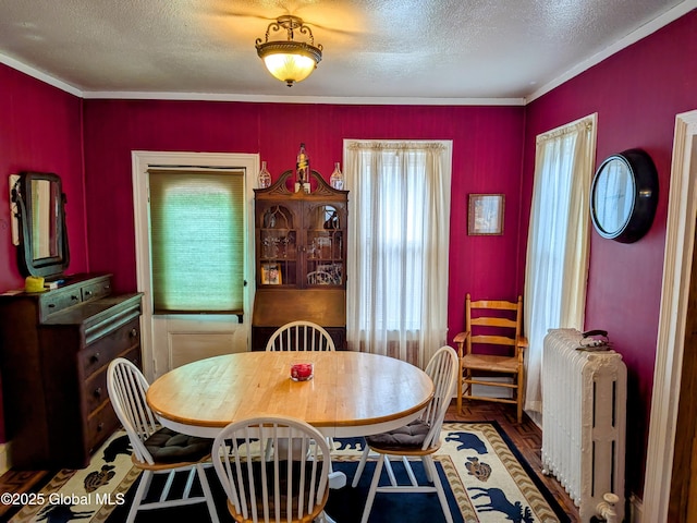 dining area featuring crown molding, a textured ceiling, and radiator heating unit