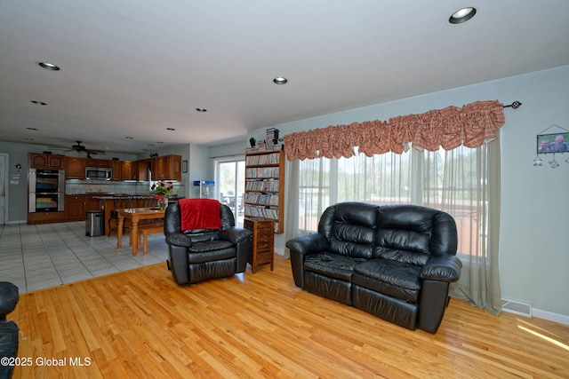 37 Old Hickory Rd, Brunswick, NY 12180 - living room with a ceiling fan, recessed lighting, light wood-style flooring, and visible vents