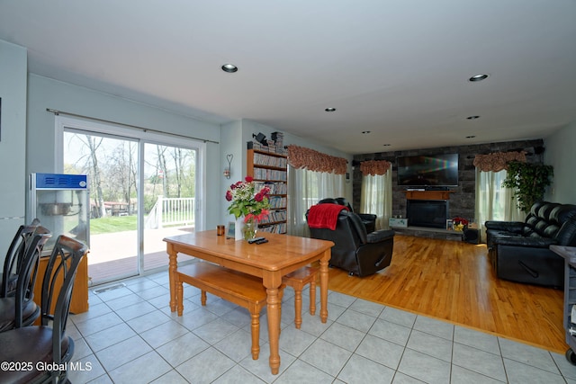 37 Old Hickory Rd, Brunswick, NY 12180 - dining room with a fireplace, light tile patterned flooring, and recessed lighting