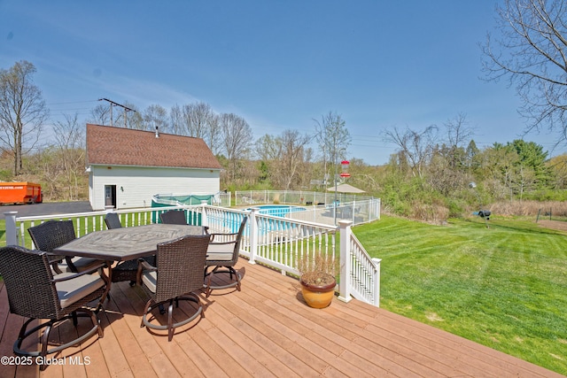 37 Old Hickory Rd, Brunswick, NY 12180 - wooden terrace with outdoor dining area, fence, a fenced in pool, and a lawn