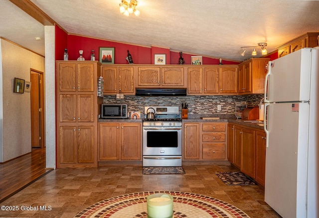 kitchen featuring backsplash, appliances with stainless steel finishes, lofted ceiling, and range hood