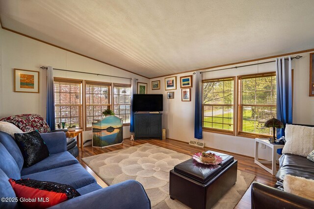living area with crown molding, vaulted ceiling, a wealth of natural light, and visible vents