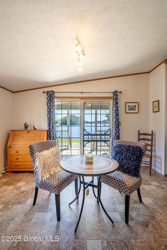 dining space featuring crown molding, stone finish floor, and a textured ceiling