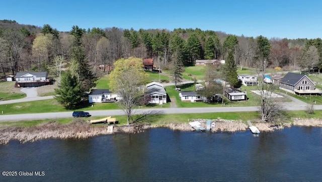aerial view with a water view and a forest view