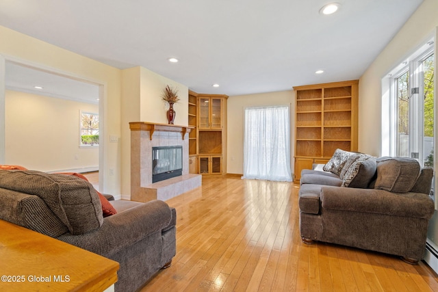 living area with light wood finished floors, a healthy amount of sunlight, and a fireplace