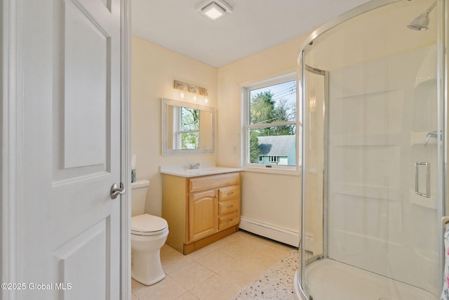 bathroom with baseboard heating, vanity, toilet, tile patterned floors, and a stall shower