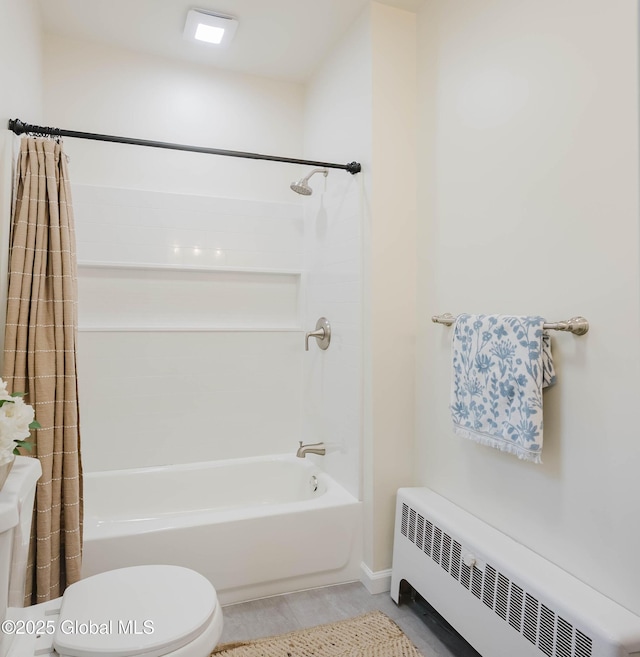bathroom featuring radiator heating unit, shower / bathtub combination with curtain, tile patterned flooring, and toilet