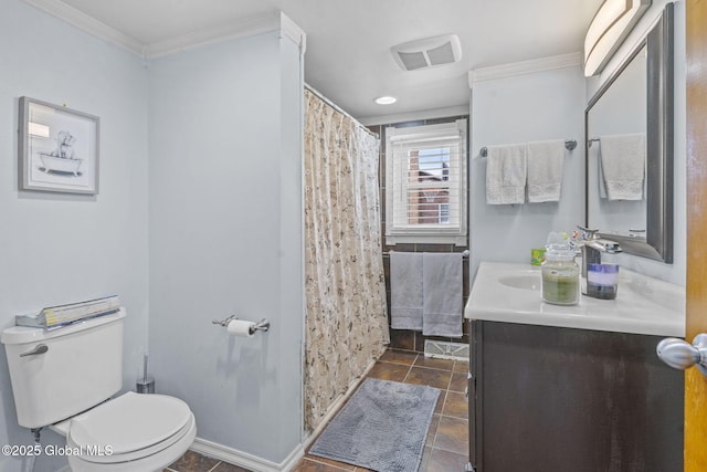 full bathroom with visible vents, vanity, baseboards, toilet, and ornamental molding