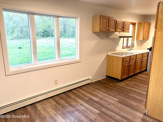 11 Mcdermott Rd, Mechanicville, NY 12118 - kitchen featuring a baseboard radiator, a sink, light countertops, dark wood finished floors, and black electric cooktop