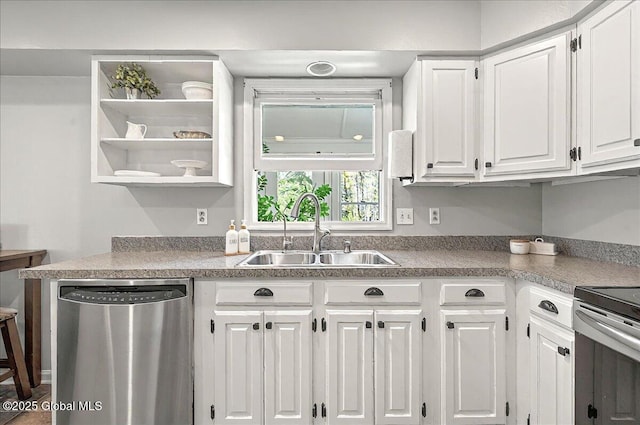 kitchen featuring white cabinets, a sink, light countertops, stainless steel dishwasher, and range with electric stovetop