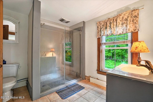 291-294 Gilchrist Hill Rd, Hartford, NY 12838 - full bathroom featuring toilet, a stall shower, tile patterned floors, vanity, and baseboards