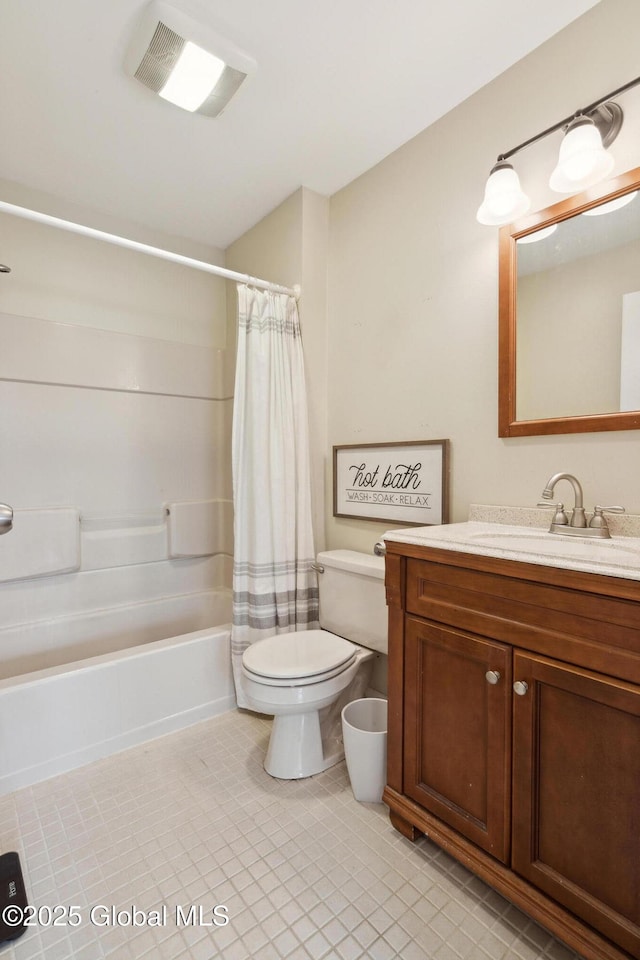 bathroom featuring visible vents, shower / bath combo, vanity, tile patterned floors, and toilet