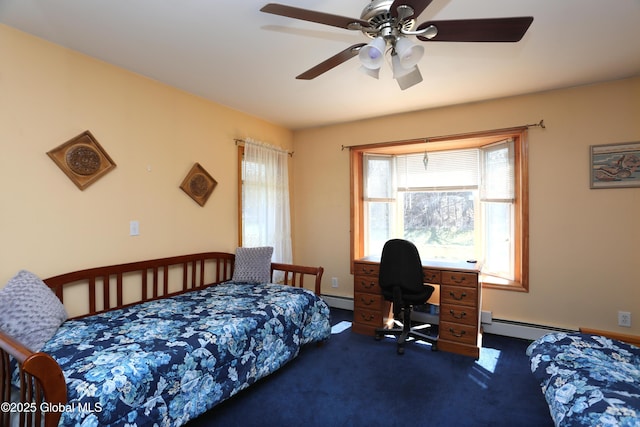bedroom with baseboard heating, a ceiling fan, and dark carpet