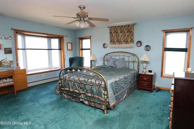 carpeted bedroom featuring baseboards, ceiling fan, and baseboard heating