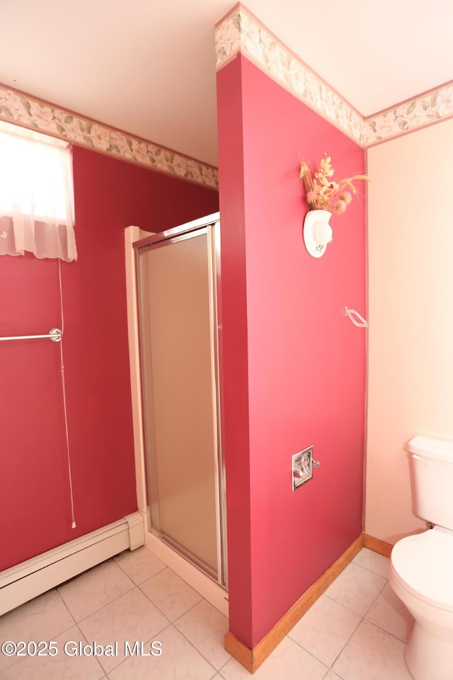 full bath featuring toilet, a shower stall, tile patterned flooring, and a baseboard radiator