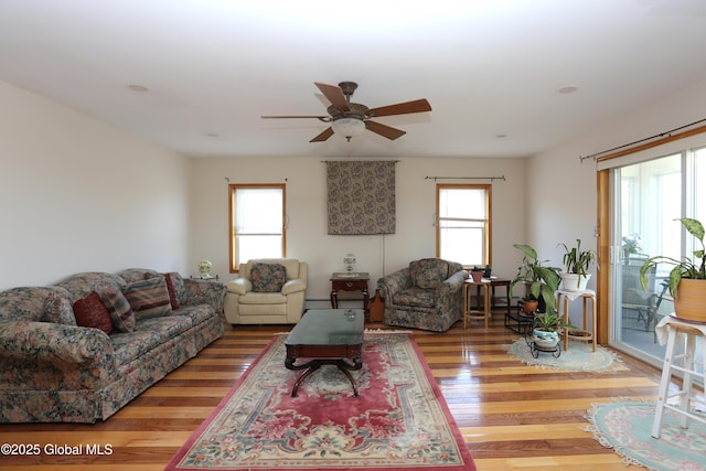 living room featuring ceiling fan, wood finished floors, and a wealth of natural light