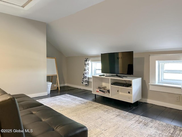 11 Mill St, Chester, NY 12817 - living area featuring baseboards, vaulted ceiling, and dark wood-style floors