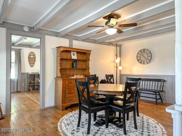11 Mill St, Chester, NY 12817 - dining area featuring wood-type flooring, a ceiling fan, beamed ceiling, and a wainscoted wall