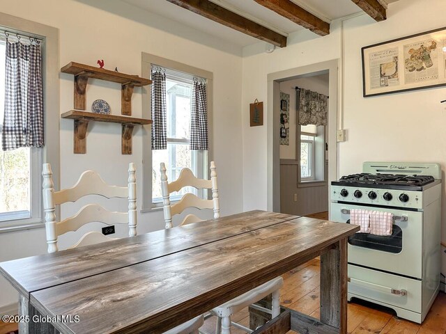 11 Mill St, Chester, NY 12817 - dining area featuring light wood finished floors, a wealth of natural light, and beamed ceiling