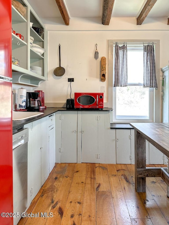11 Mill St, Chester, NY 12817 - kitchen with beamed ceiling, dark countertops, light wood finished floors, and dishwasher