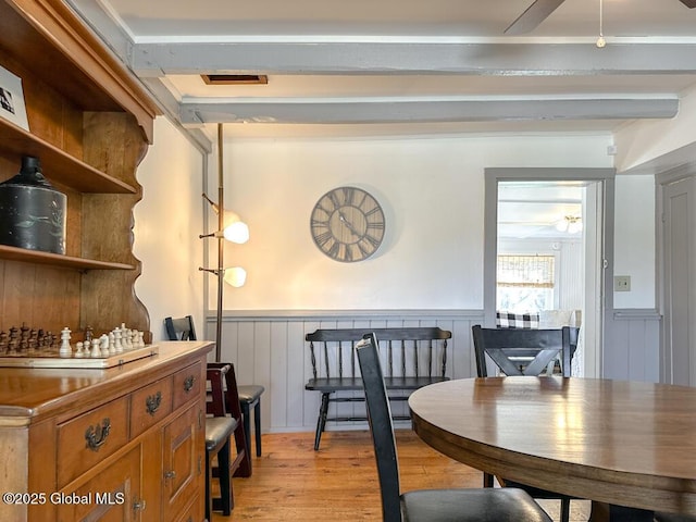 11 Mill St, Chester, NY 12817 - dining area with light wood-style flooring, beam ceiling, and wainscoting