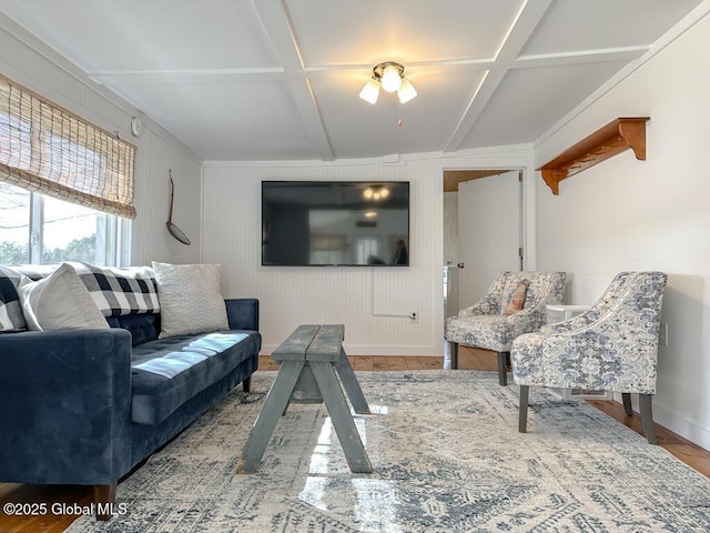 11 Mill St, Chester, NY 12817 - living area with baseboards, coffered ceiling, and wood finished floors