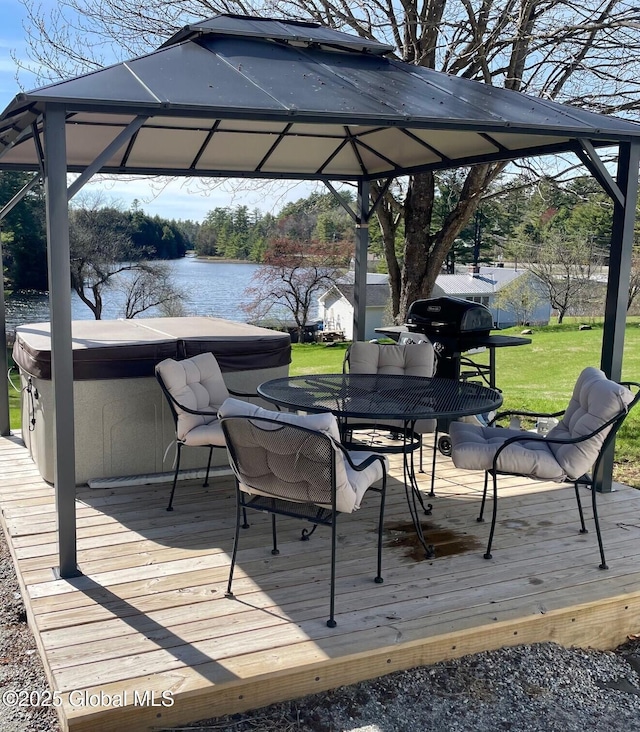 11 Mill St, Chester, NY 12817 - wooden terrace with a gazebo, a hot tub, a water view, outdoor dining area, and a yard