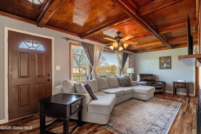 living room featuring plenty of natural light, wood finished floors, and wooden ceiling