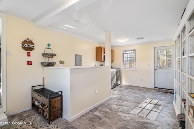 kitchen with visible vents, ornamental molding, electric panel, and stone finish floor