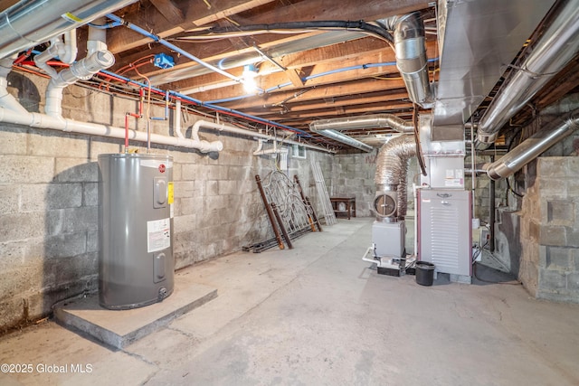 unfinished below grade area with heating unit and water heater