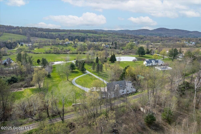 drone / aerial view with a rural view and a water and mountain view