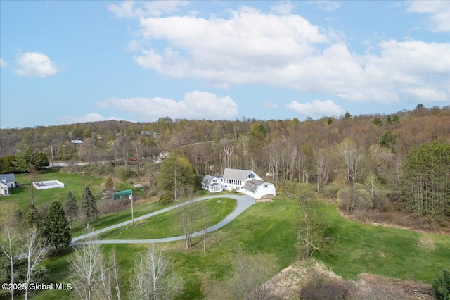 bird's eye view with a wooded view