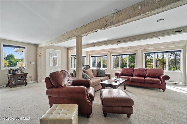 living area with baseboards, carpet flooring, a wealth of natural light, and beamed ceiling