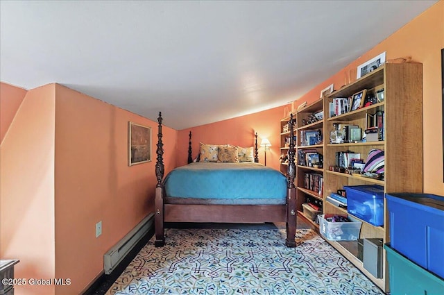 bedroom featuring carpet floors, baseboards, vaulted ceiling, and a baseboard radiator