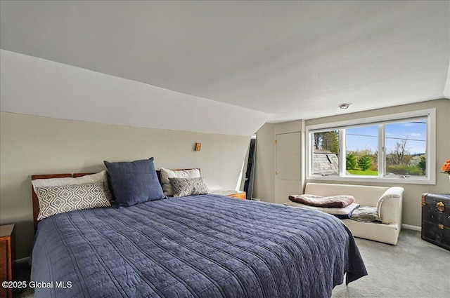carpeted bedroom featuring lofted ceiling
