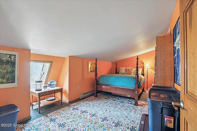 carpeted bedroom featuring baseboards, a baseboard radiator, and lofted ceiling