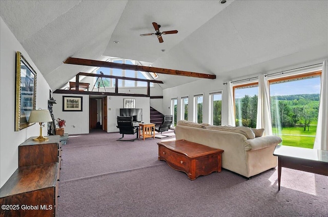 carpeted living area with a ceiling fan, a textured ceiling, a healthy amount of sunlight, and high vaulted ceiling