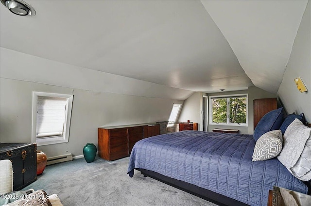 carpeted bedroom featuring baseboards, a baseboard radiator, and vaulted ceiling