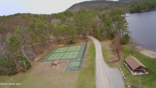 drone / aerial view featuring a water and mountain view and a forest view