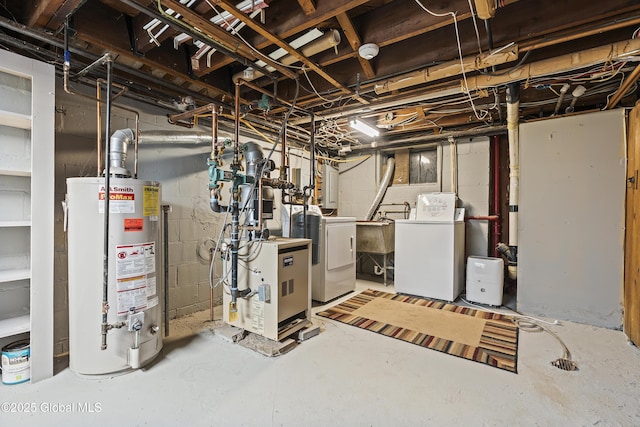 unfinished basement featuring a sink, gas water heater, washing machine and dryer, and a heating unit