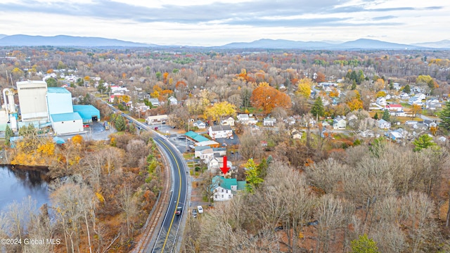 drone / aerial view featuring a mountain view