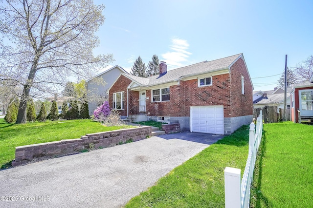 single story home featuring brick siding, a garage, driveway, and a chimney